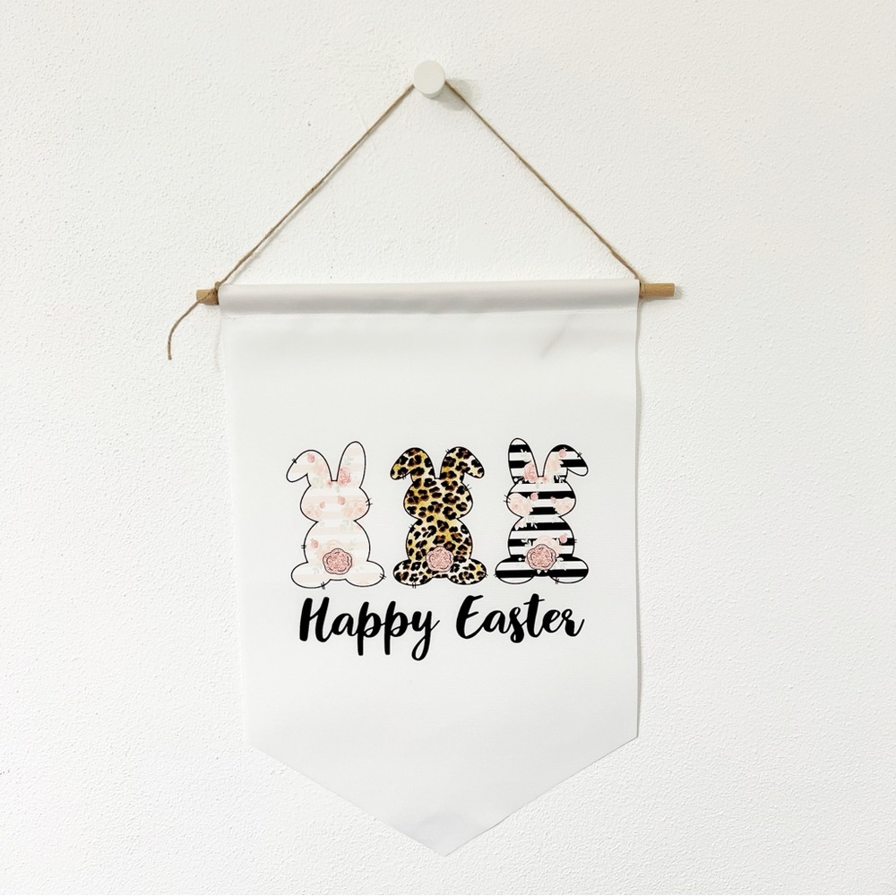 Trendy Bunny Trio “Happy Easter” Wall Banner – 18x12 Indoor/Outdoor Décor